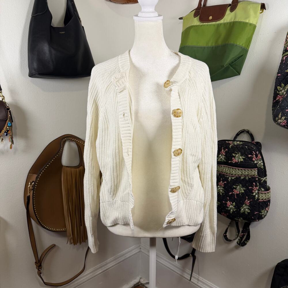 Faherty Cream Chunky Knit Cardigan Organic Cotton Shaker Rib Coastal Preppy S